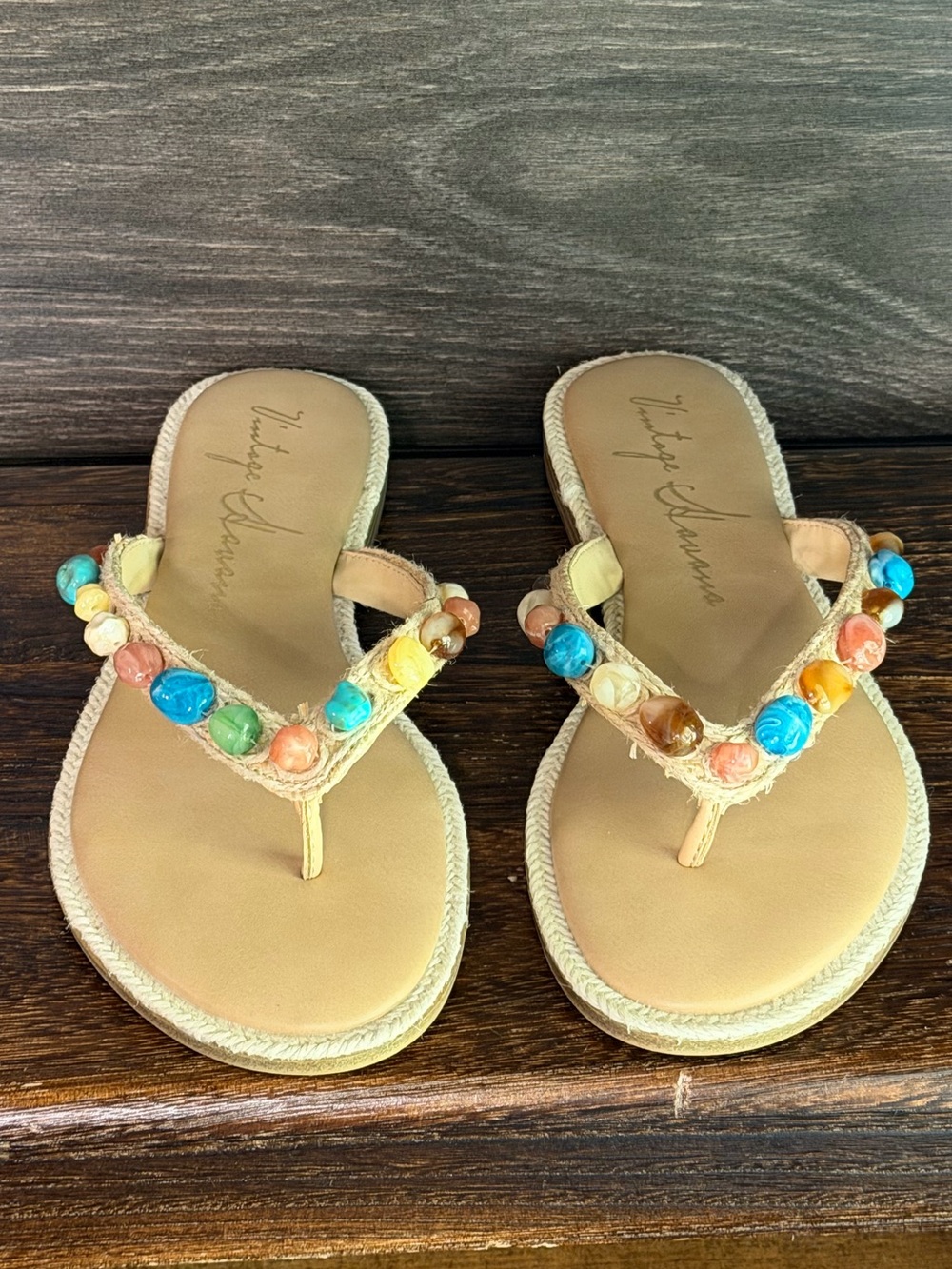 Vintage Havana Sandy Beige Beaded Thong Sandals NIB Size 7 - Picture 6 of 16